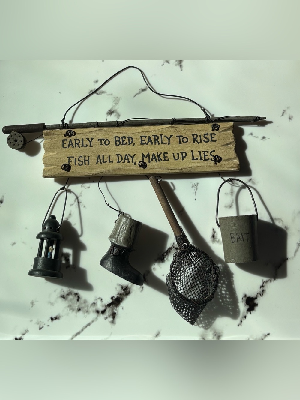 Rustic Fish-Themed Wall Hanging Sign in Natural Wood and Black
